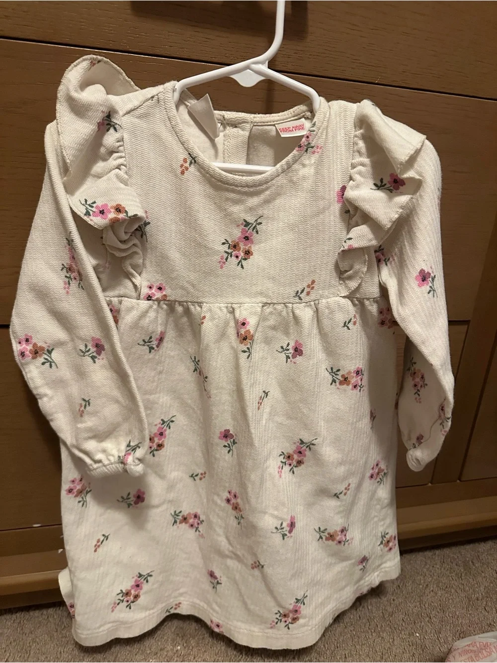 Zara Cream Dress with Pink Floral Print and Ruffle Shoulders